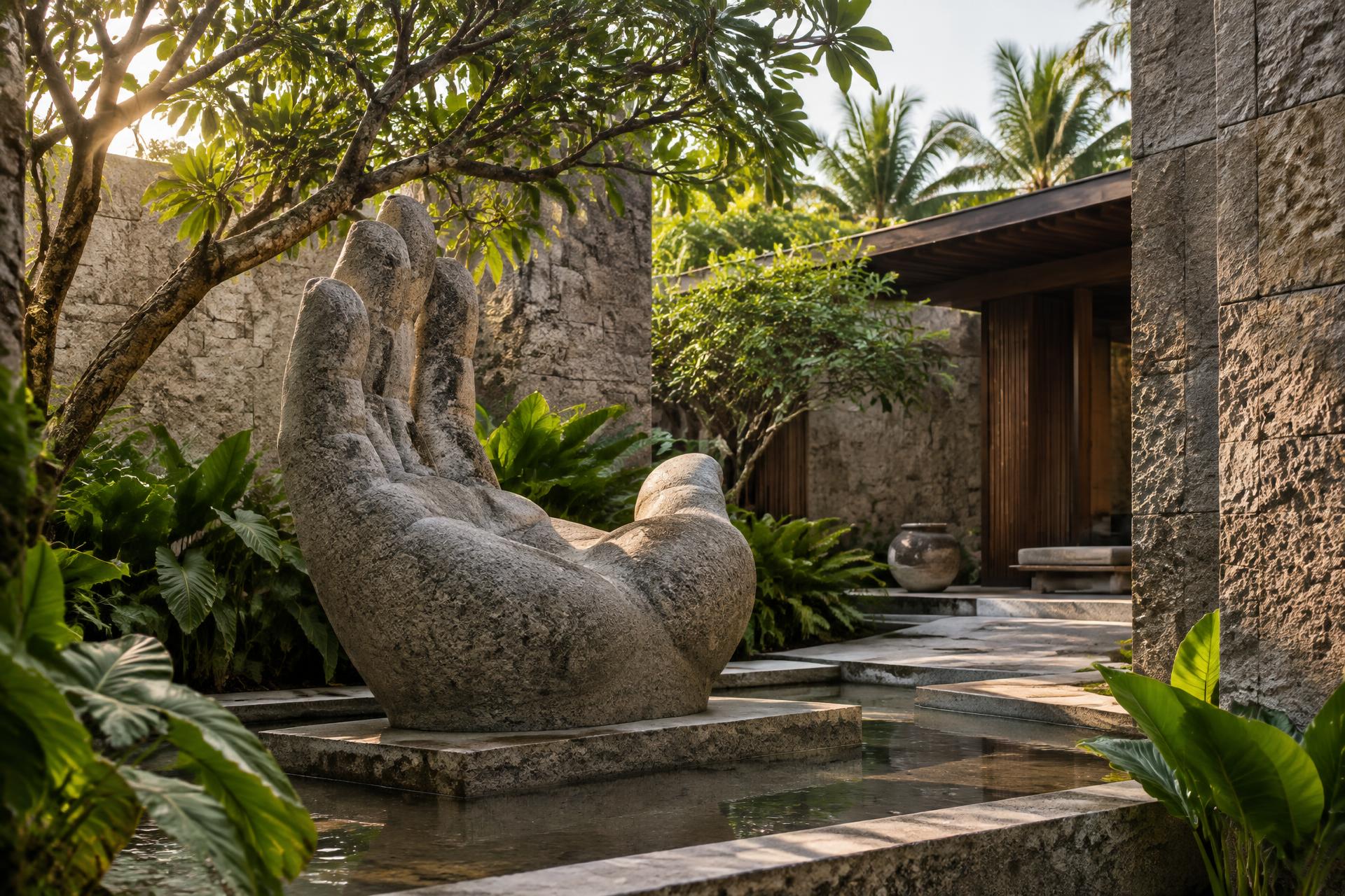 Hand-shaped granite craftsmanship in a tropical stone courtyard